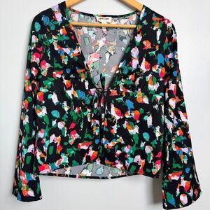 Open‎ Edit Tie Front, Bell Sleeve Floral Top, Black-multi, Small NWT Nordstrom